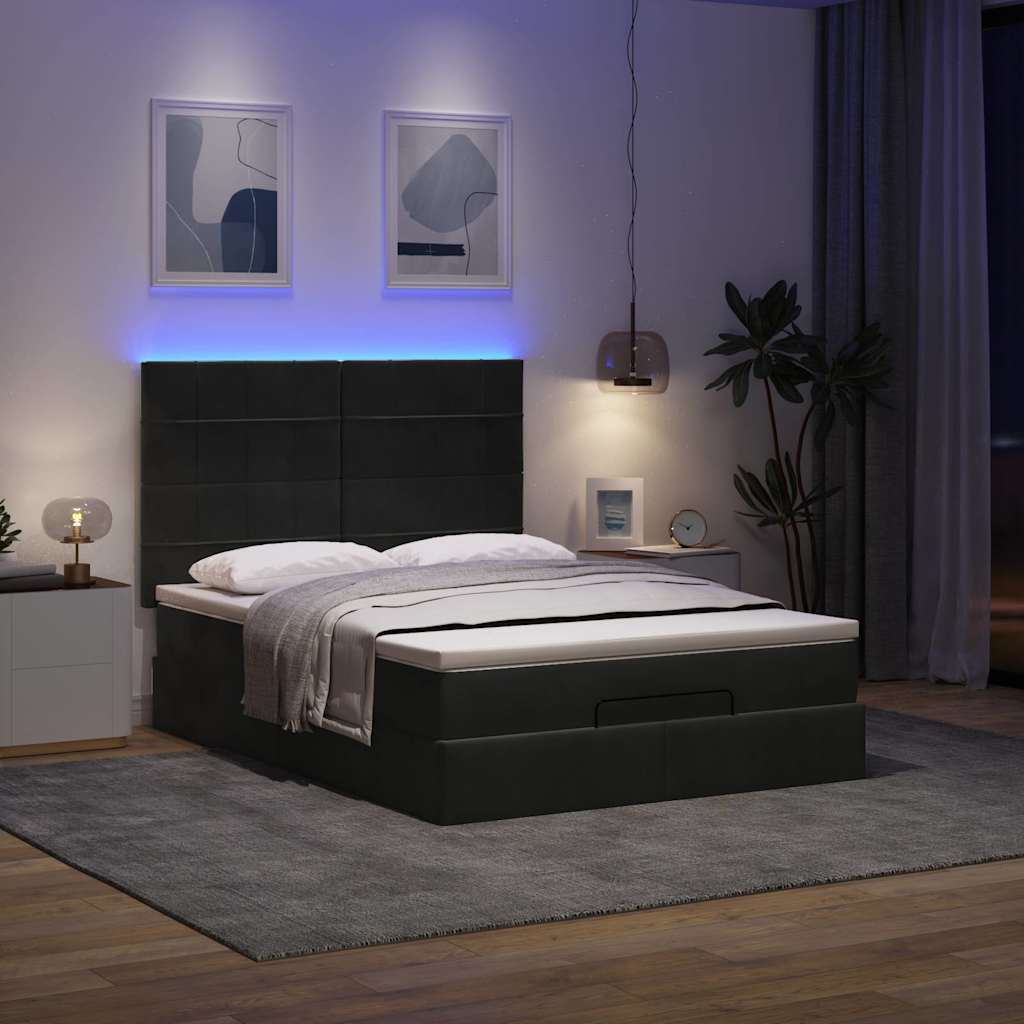 Ottoman krevet s madracima i LED diodama crni 140x200 cm baršun