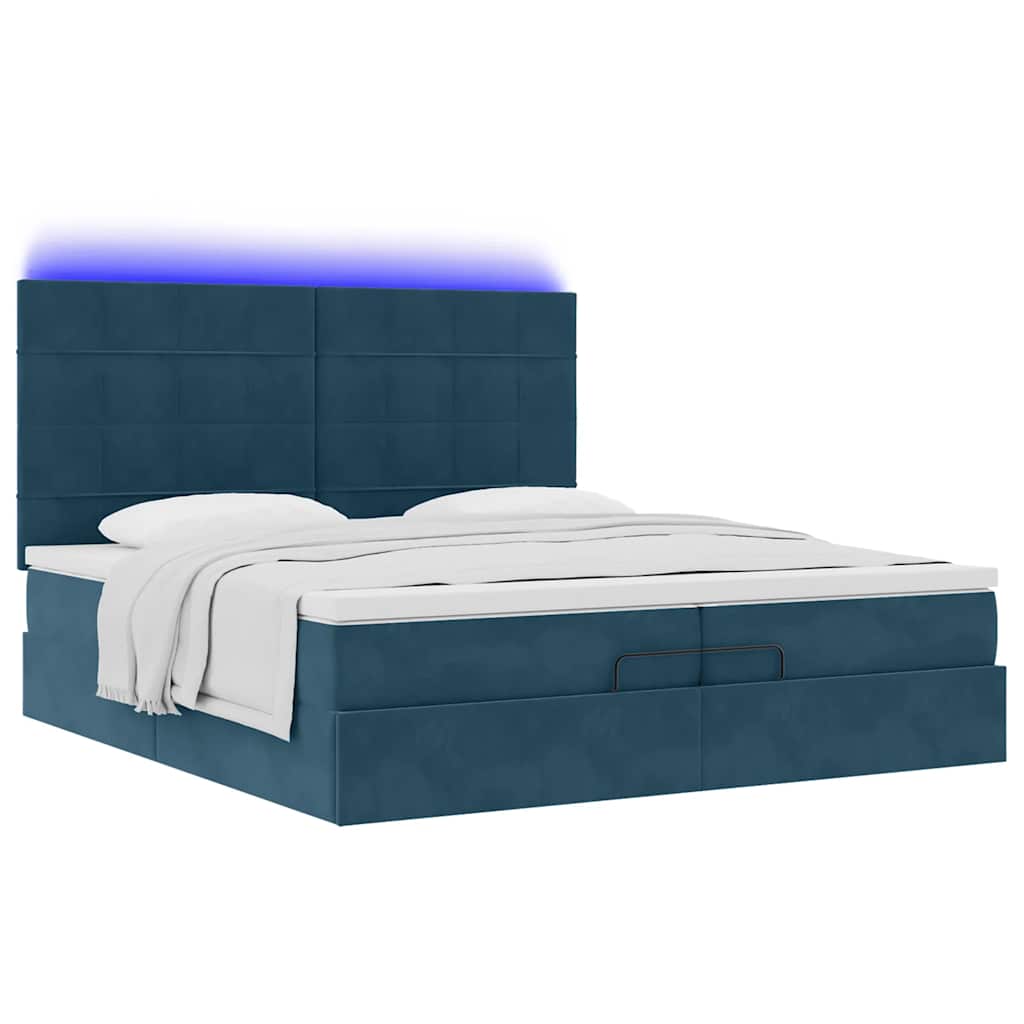 Ottoman krevet s madracima i LED diodama tamnoplavi 200x200 cm baršun