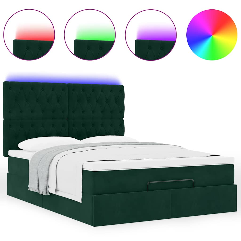 Ottoman krevet s madracima i LED diodama tamnozeleni 140x190 cm baršun