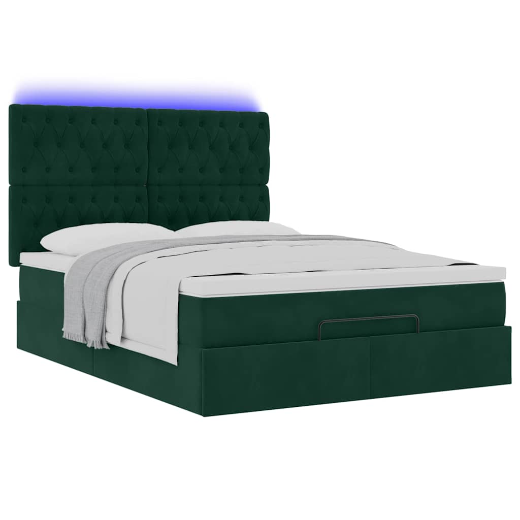 Ottoman krevet s madracima i LED diodama tamnozeleni 140x190 cm baršun