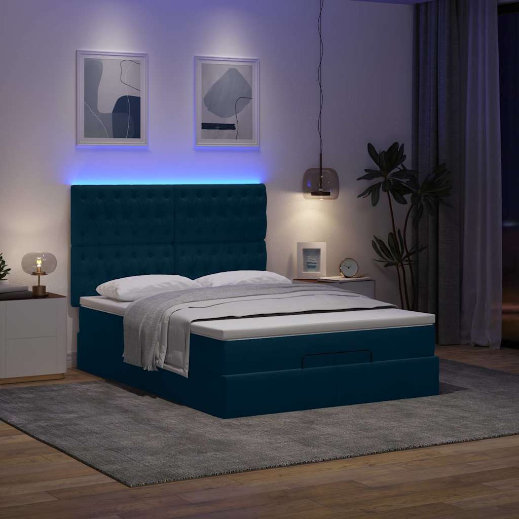 Ottoman krevet s madracima i LED diodama tamnoplavi 140x200 cm baršun