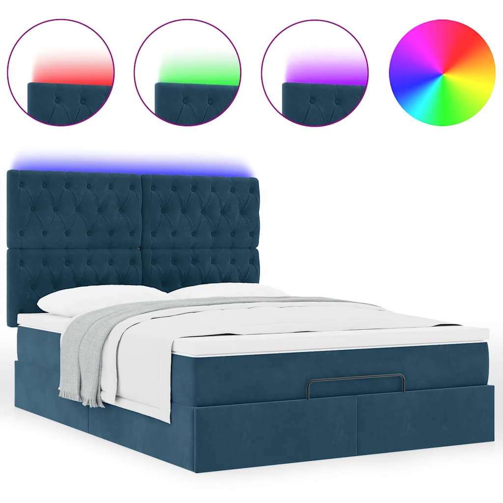 Ottoman krevet s madracima i LED diodama tamnoplavi 140x200 cm baršun