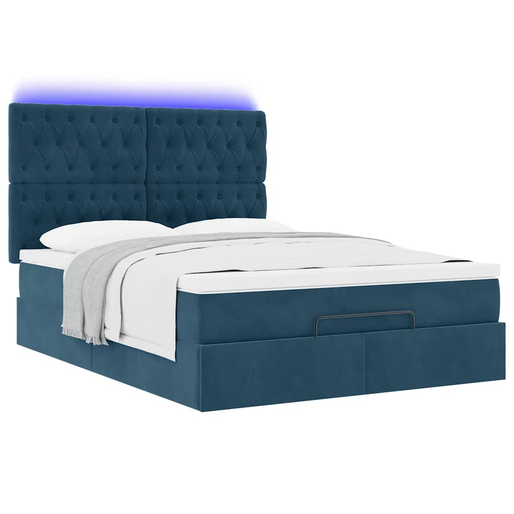 Ottoman krevet s madracima i LED diodama tamnoplavi 140x200 cm baršun