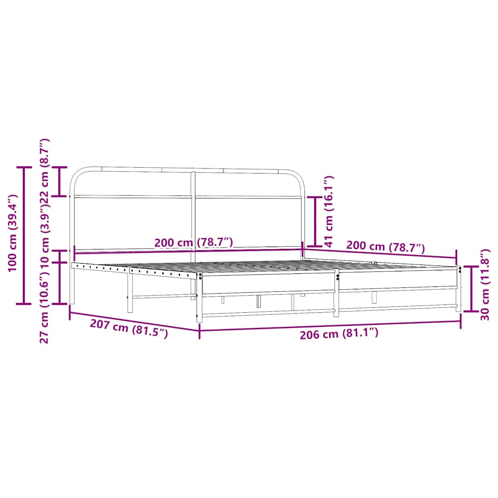 Metalni okvir kreveta bez madraca boja hrasta 200x200 cm