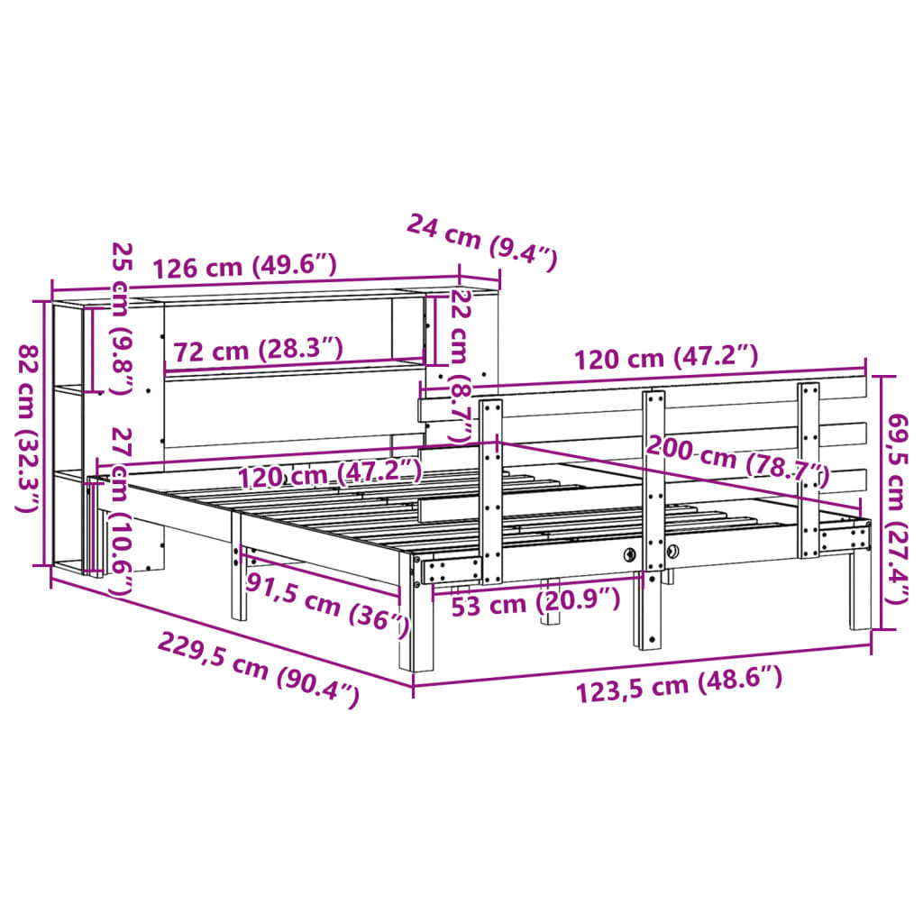 Krevet s regalom z knjige bez madraca bijeli 120x200cm borovina