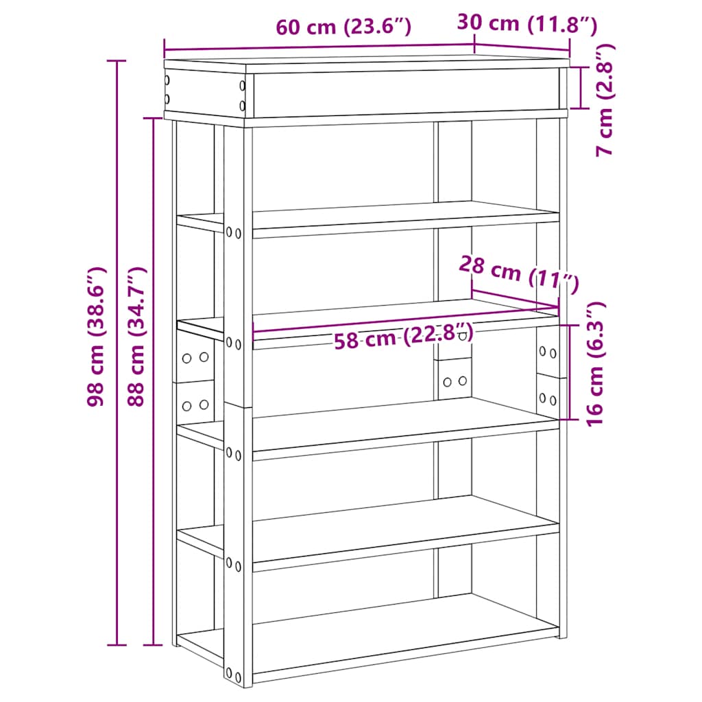 Stalak za cipele boja hrasta 60x30x98 cm konstruirano drvo