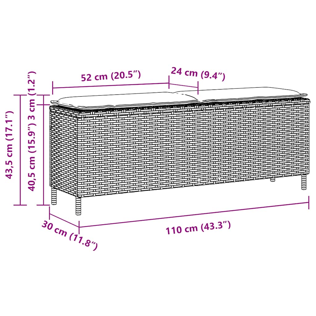 Vrtna klupa s jastukom svijetlosiva 110x30x40,5 cm poli ratan