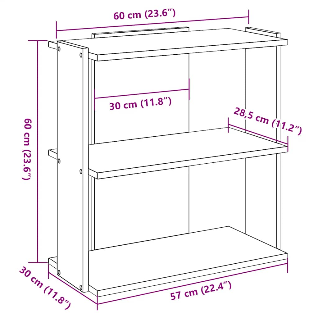 Regal za knjige s 3 razine boja hrasta 60x30x60 cm drveni