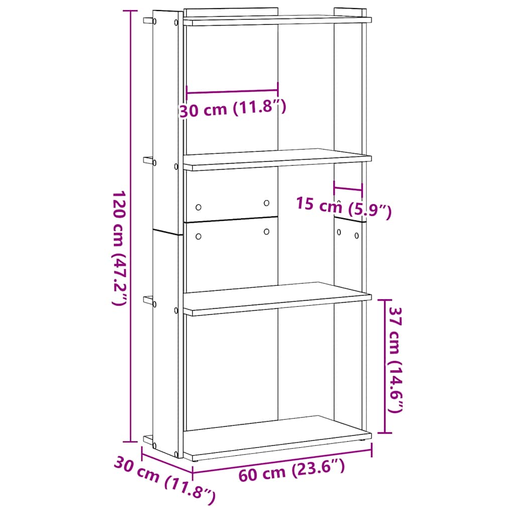 Regal za knjige s 3 razina boja hrasta 60x30x120 cm drveni