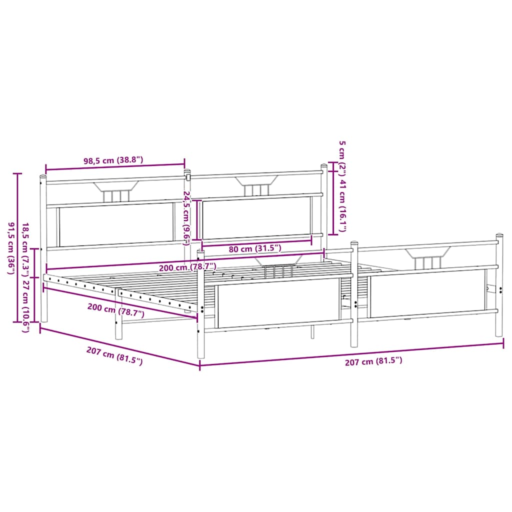 Metalni okvir kreveta bez madraca boja hrasta 200x200 cm