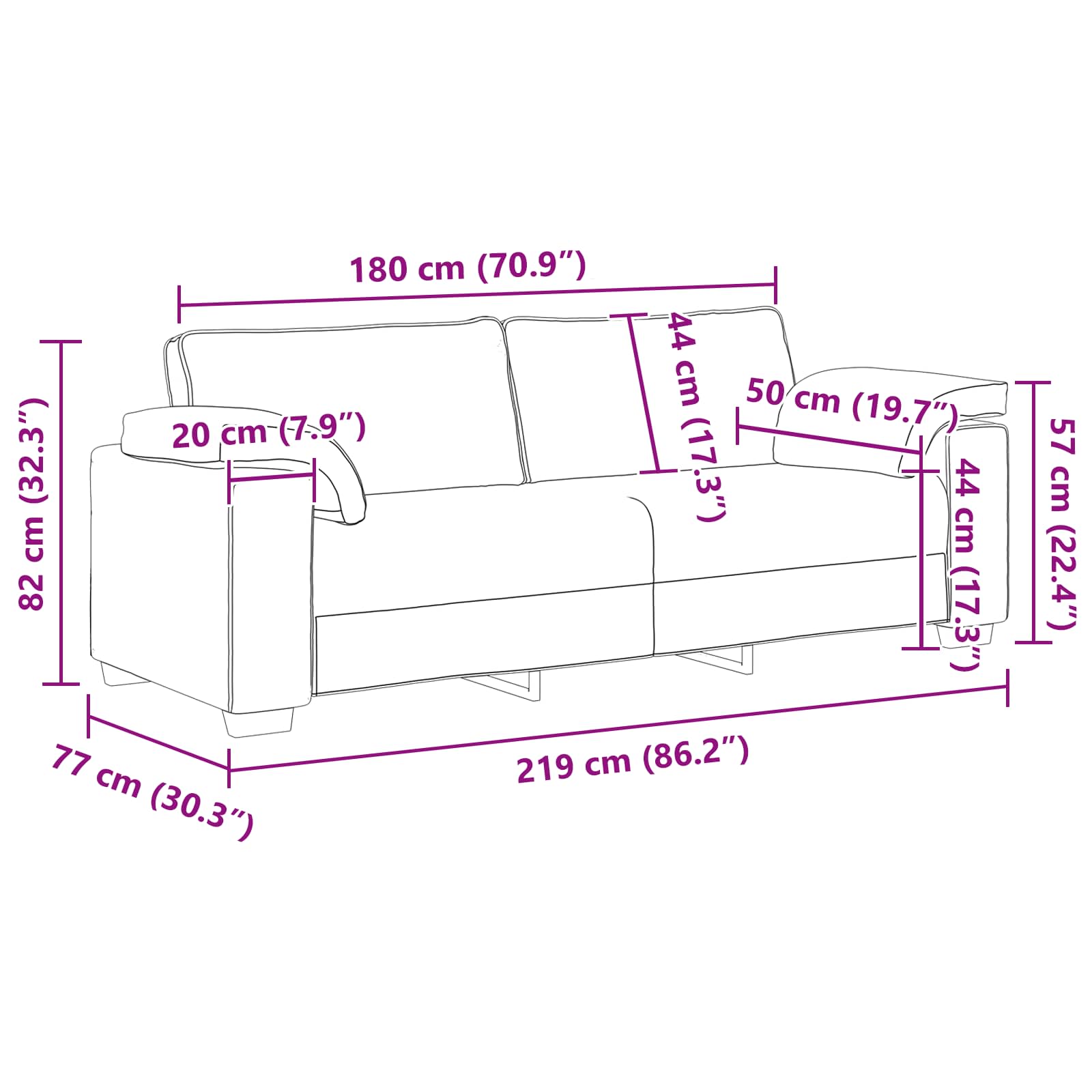 Sofa 3 pcs Krema 219 x 80 x 82 cm Platnasta tkanina