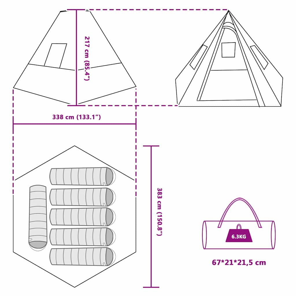Tipi šator s krovom s pohranom Zelena 383 x 338 x 217 cm taft
