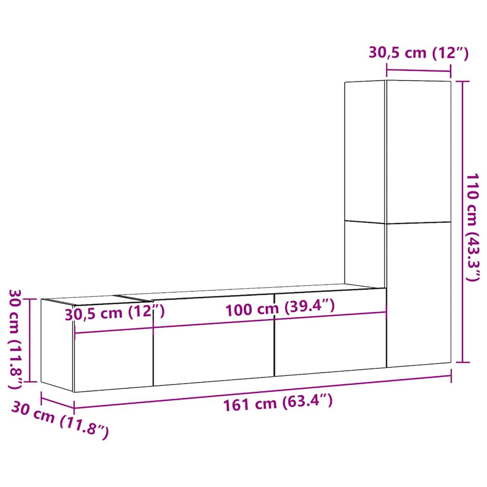 Set TV komoda Zidne 4 pcs Crni hrast 130,5 x 30 x 140 cm