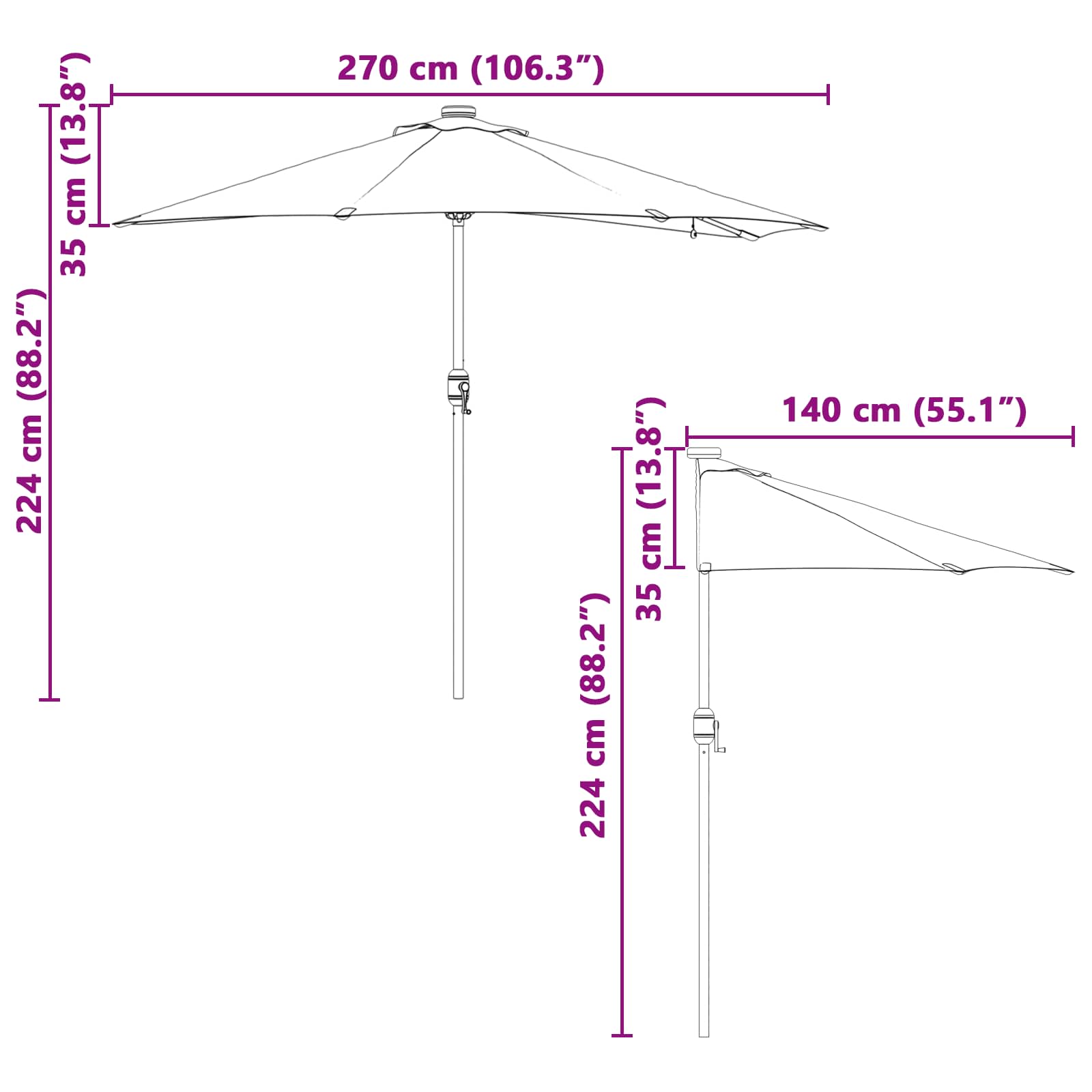 Vrtni suncobran Crna 294 x 150 x 223 cm Poliester i čelik