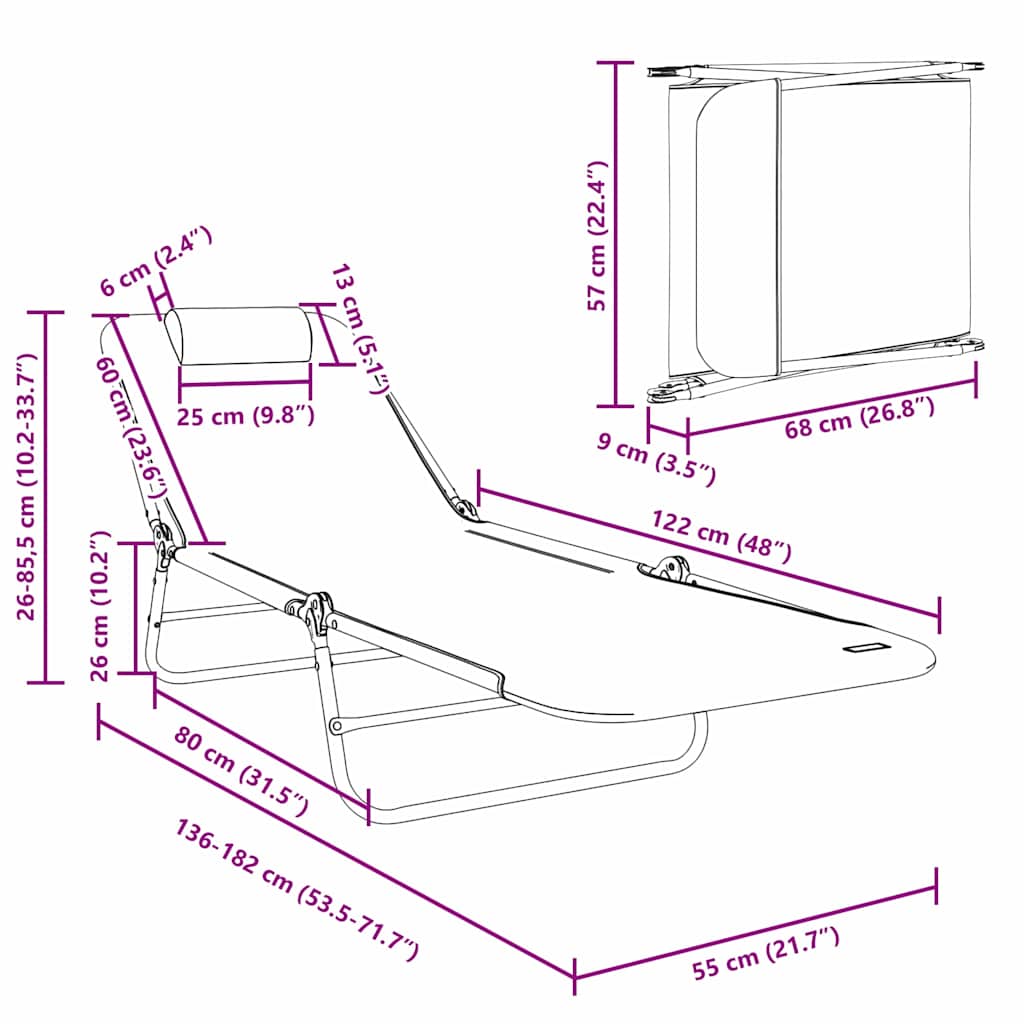 Sklopiva ležaljka za sunčanje 2 pcs Crna 182 x 55 x 85,5 cm