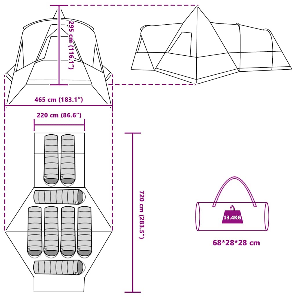Teepee šator za 8 osoba s krovom Plava 720 x 465 x 295 cm
