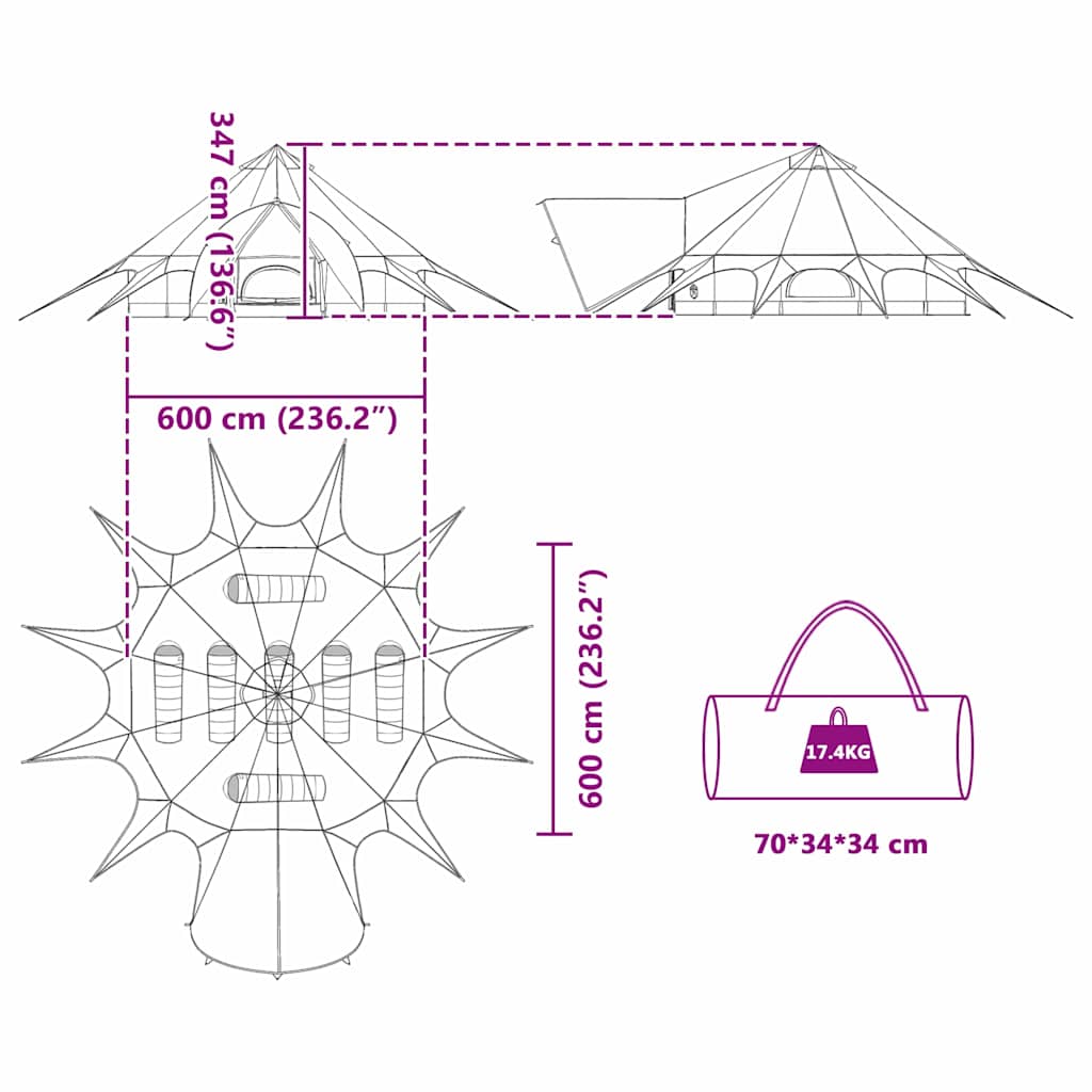 Teepee šator za 7 osoba Siva i narančasta 600 x 600 x 347 cm