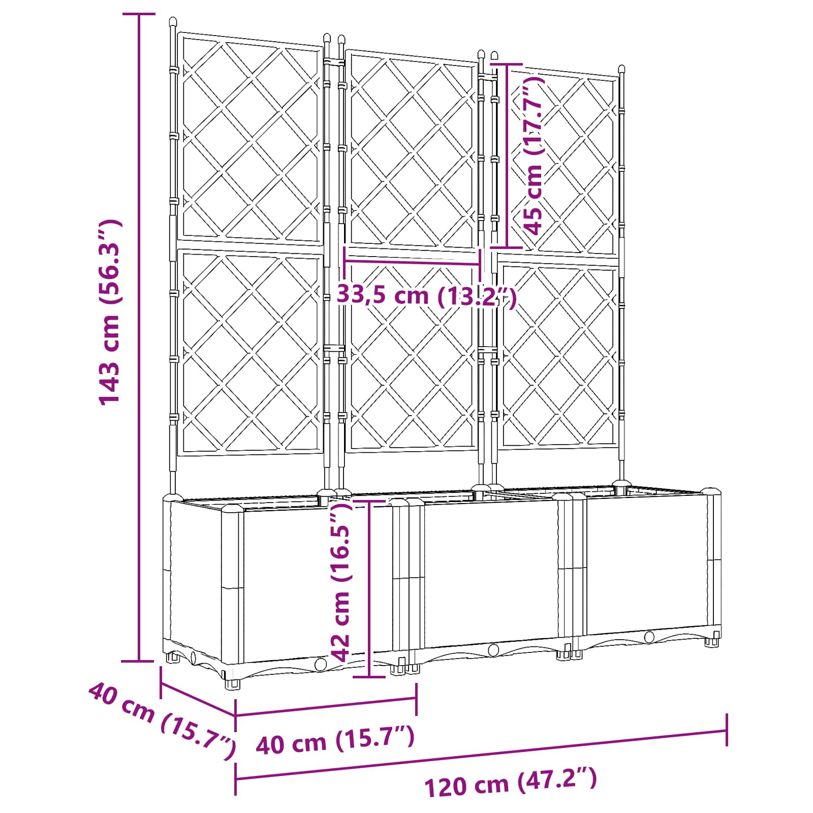 Vrtna saksija 3 pcs Sivi 120 x 40 x 143 cm Plastika