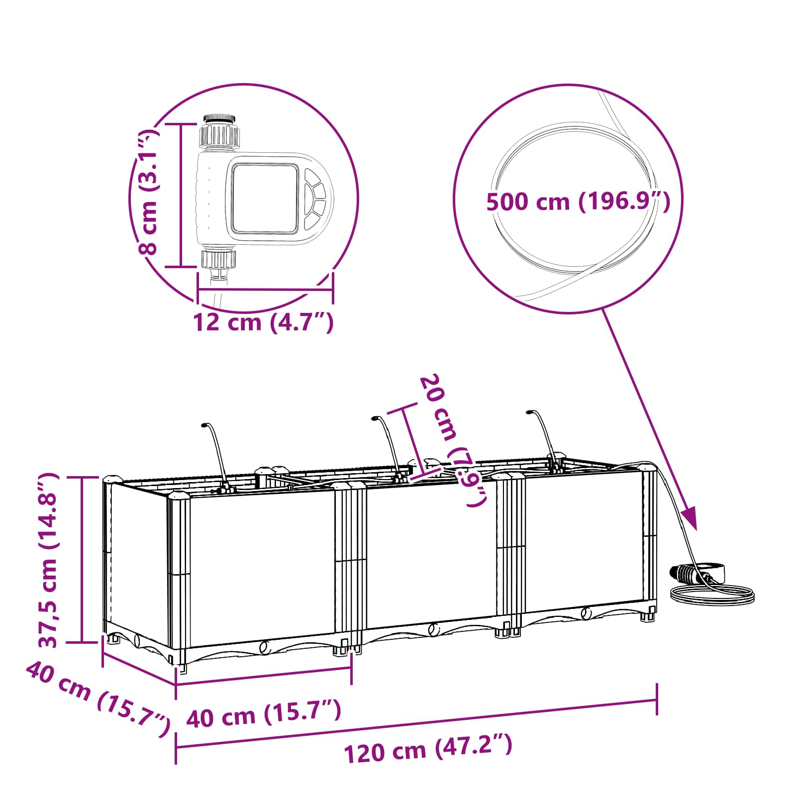 Vrtna saksija 3 pcs Sivi 120 x 40 x 37,5 cm Plastika