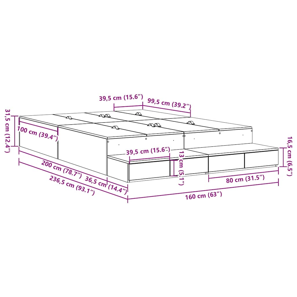 Krevet s ladicama Crni hrast 160 cm Konstruirano drvo