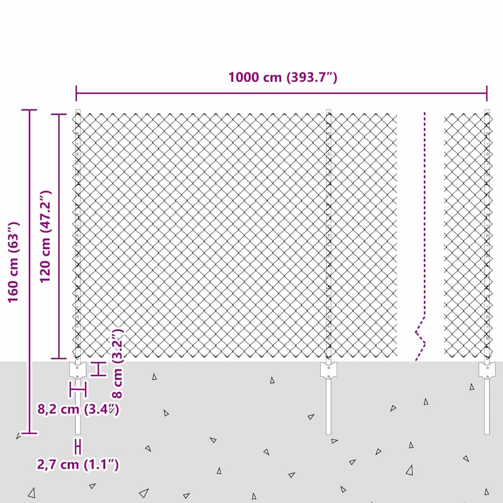 Ograda od lančanih veza s postom 10 x 1,2 m Srebrna Mreža