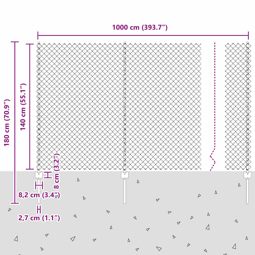 Ograda od lančanih veza s postom 10 x 1,4 m Srebrna Mreža