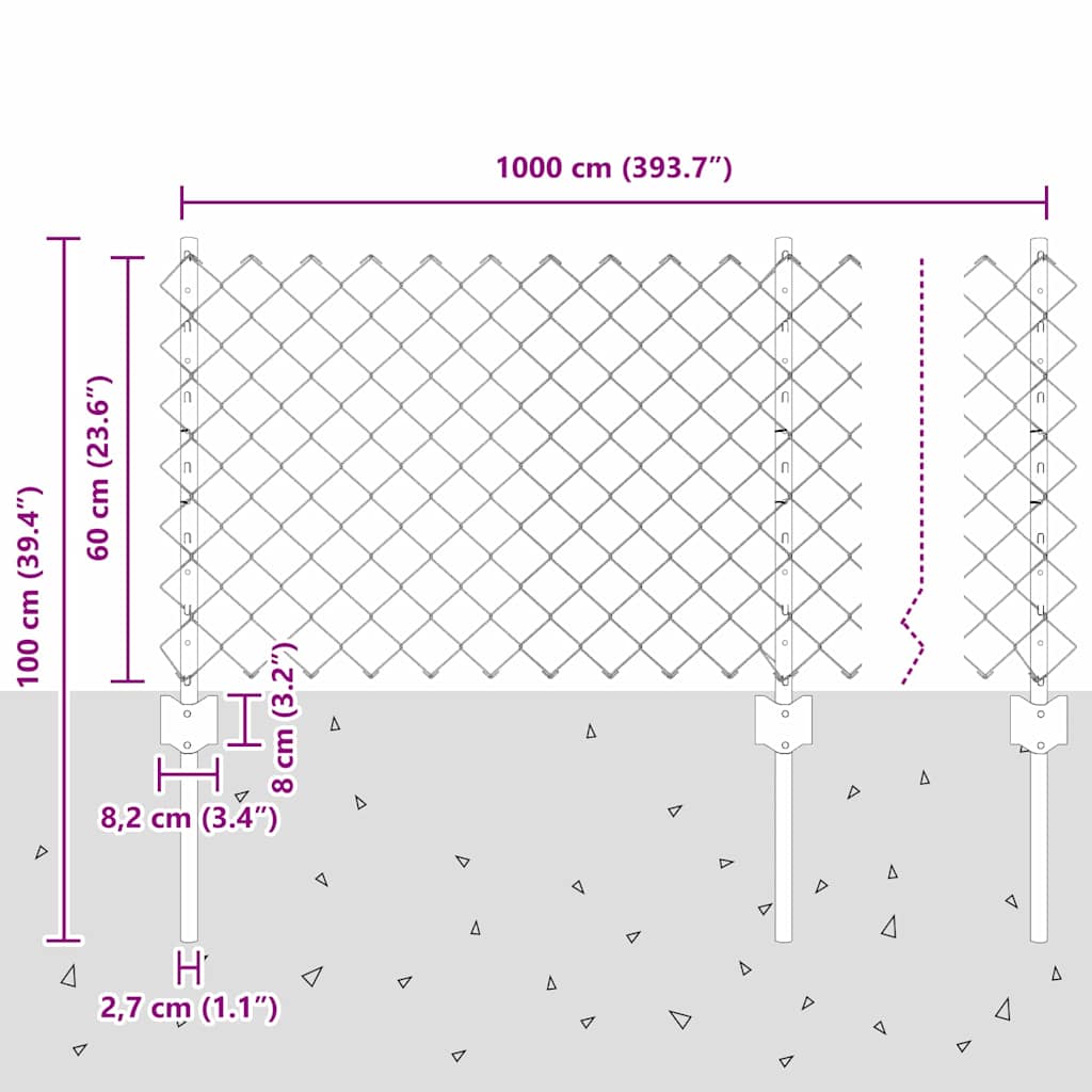 Ograda od lančanih veza s postom 10 x 0,6 m Srebrna Mreža