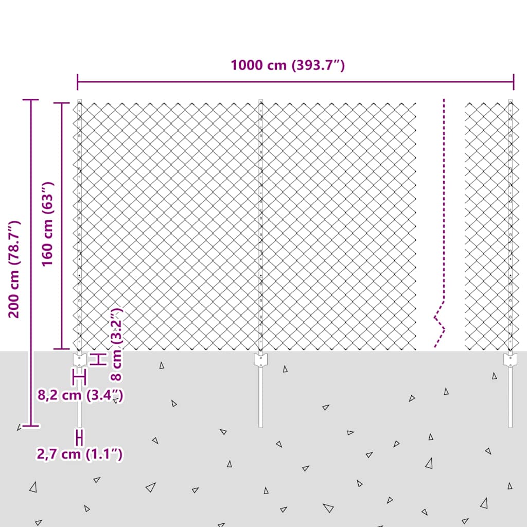 Ograda od lančanih veza s postom 10 x 1,6 m Srebrna Mreža