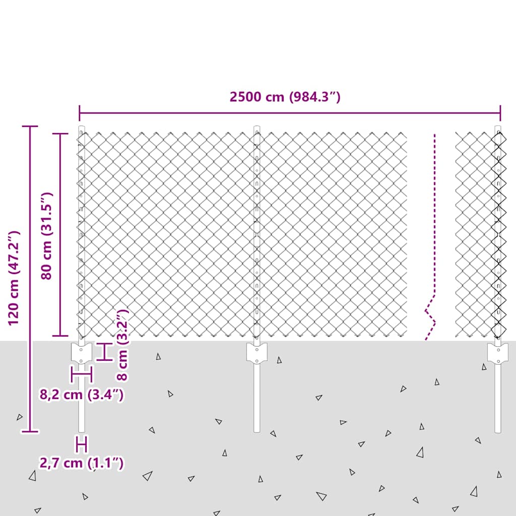 Ograda od lančanih veza s postom 25 x 0,8 m Srebrna Mreža