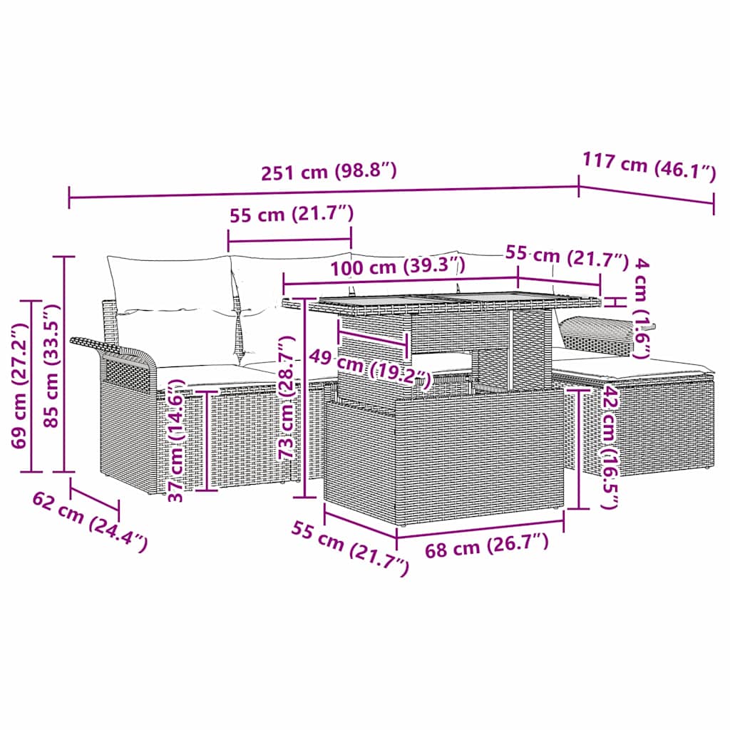 Sjedeća garnitura za vrt s jastukom 6 pcs Crna
