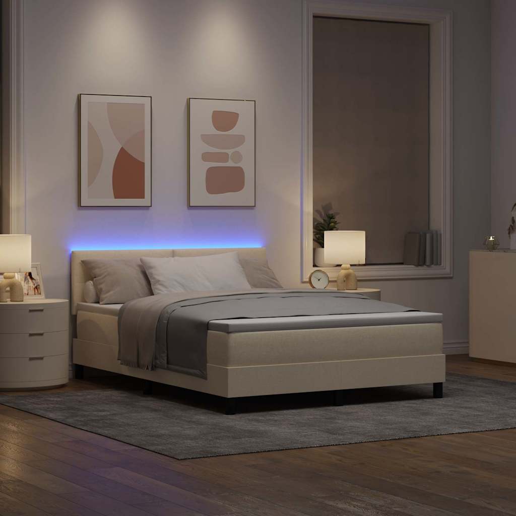 Krevet s opruga kutije s LED trakama Krema 140 x 190 cm tkanina