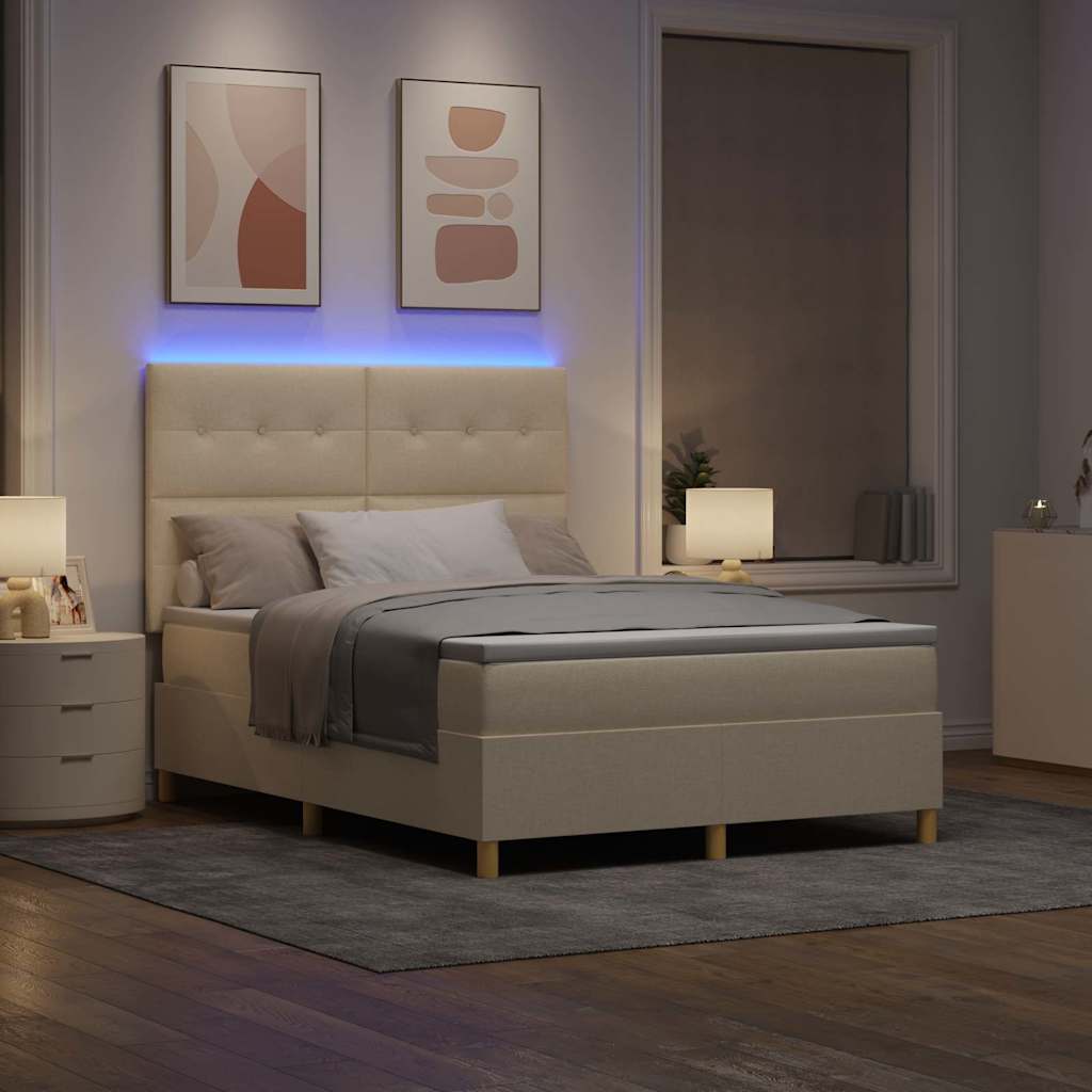 LED Box Spring Krevet s uzglavljem Krema 140 x 190 cm tkanina