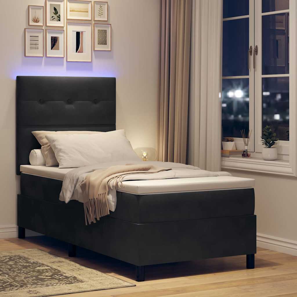 LED Box Spring Krevet s uzglavljem Crna 90 x 190 cm Baršun