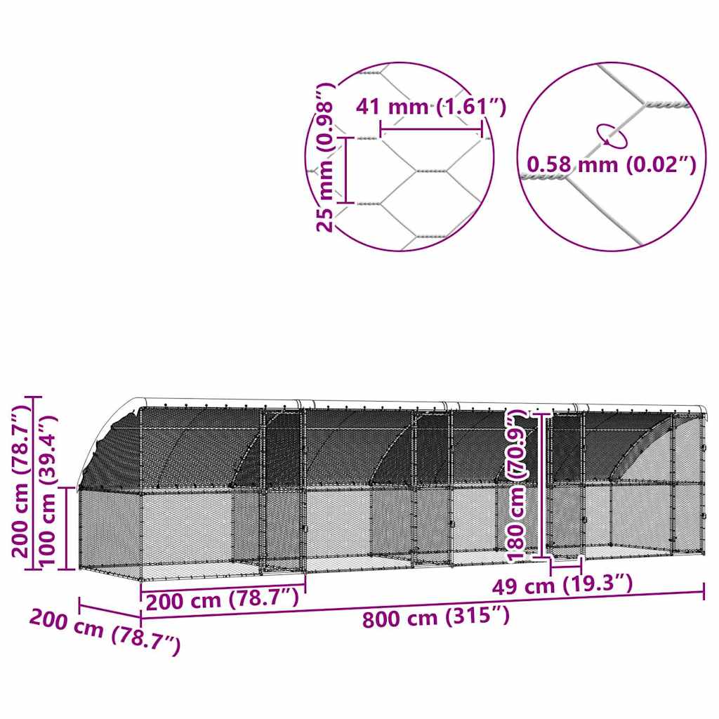 Kavez za piliće 4 pcs Srebrno 800 x 200 x 200 cm Cinkani čelik