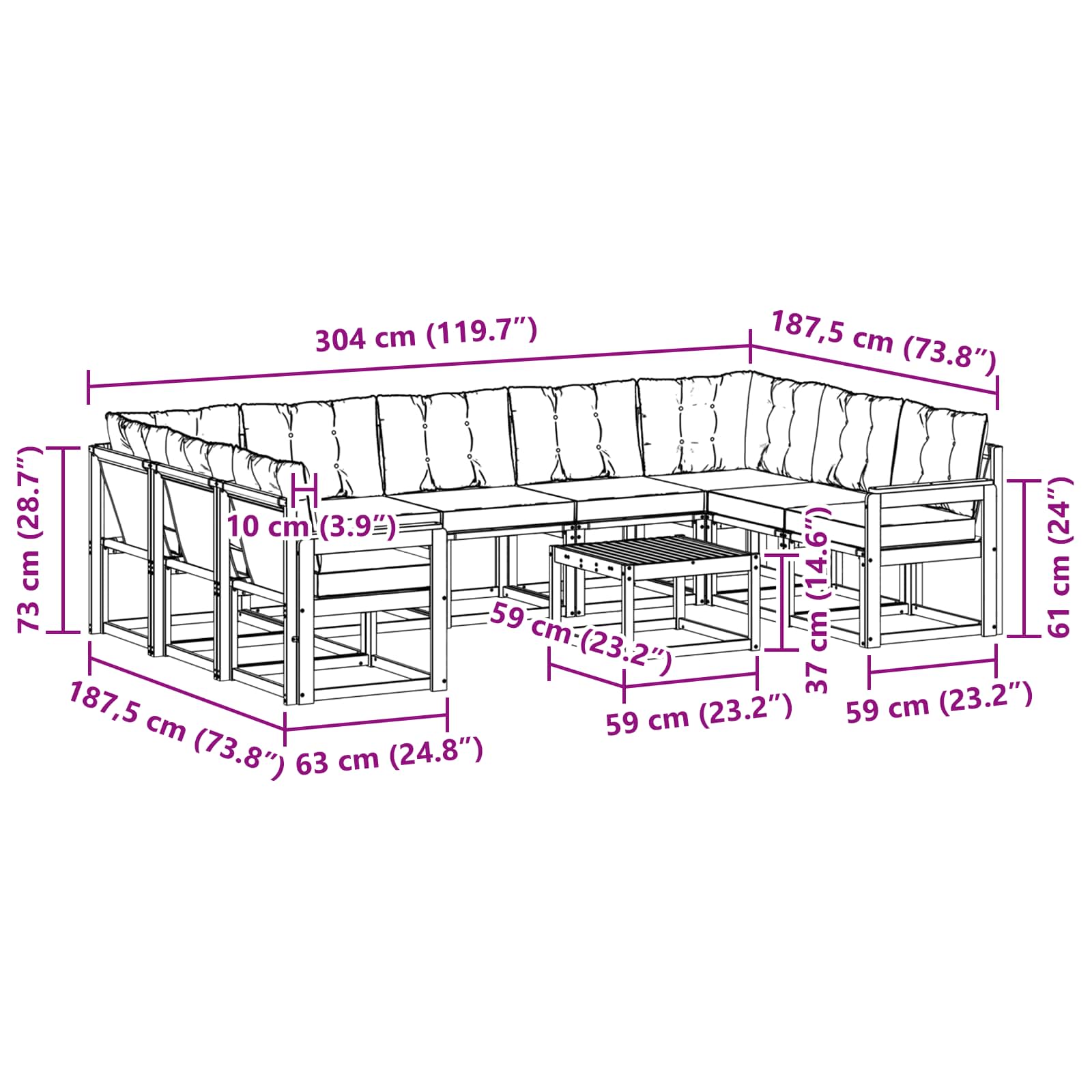 Set vanjskih sofa s jastukom 10 pcs Prirodna i bež