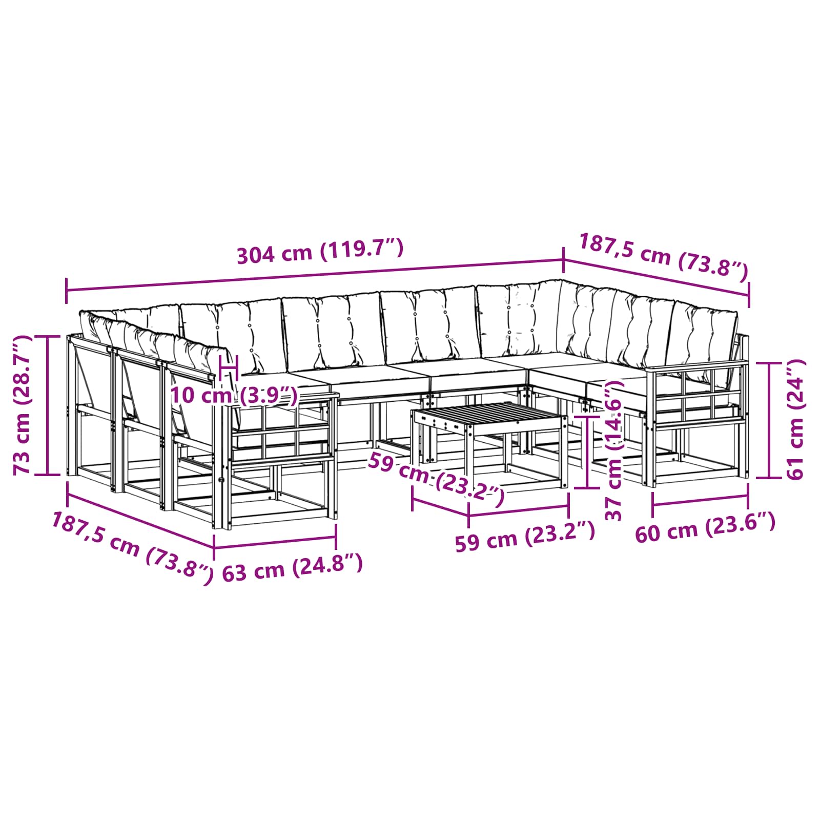 Set vanjskih sofa s jastukom 10 pcs Prirodna i bež