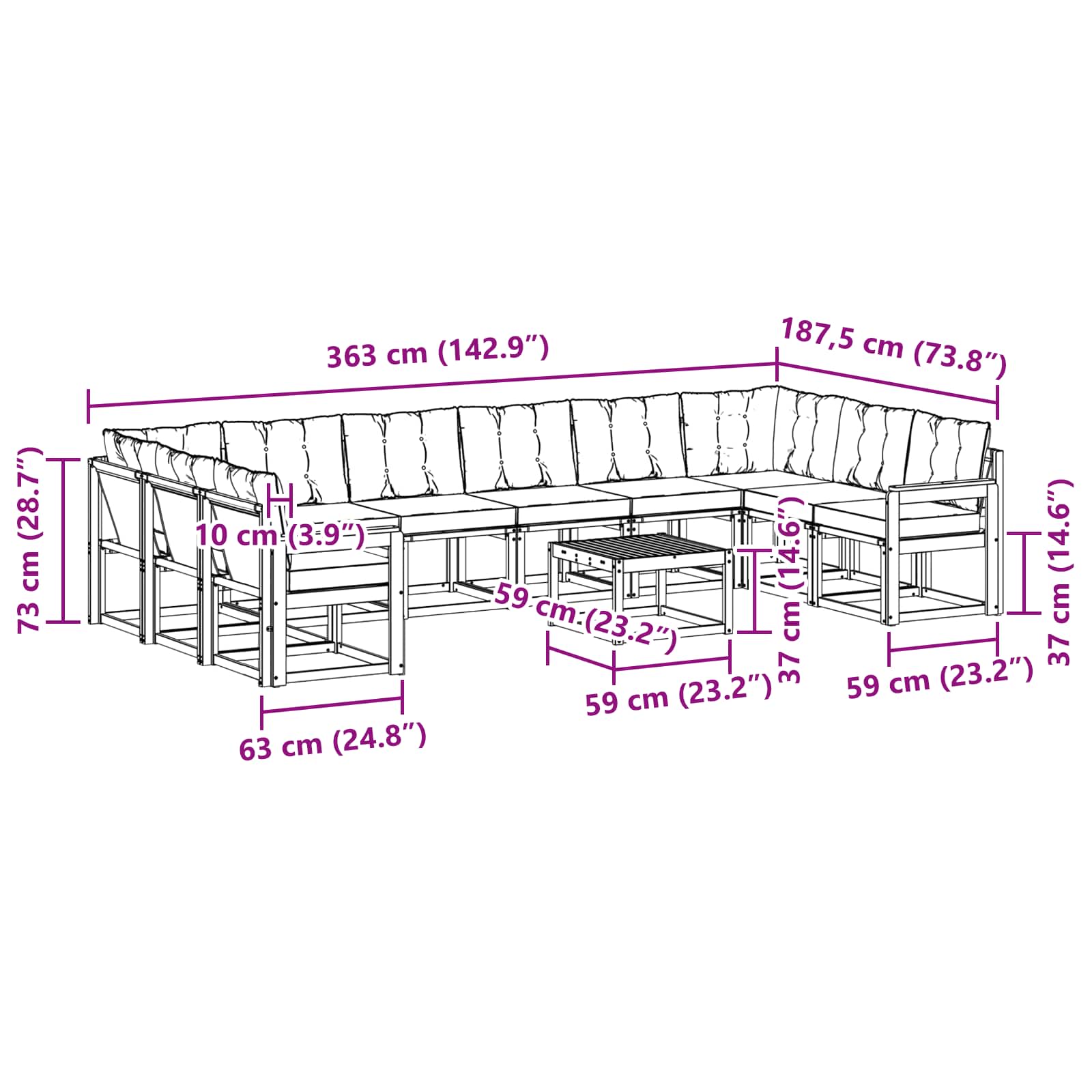 Set vanjskih sofa s jastukom 11 pcs Prirodna i crna