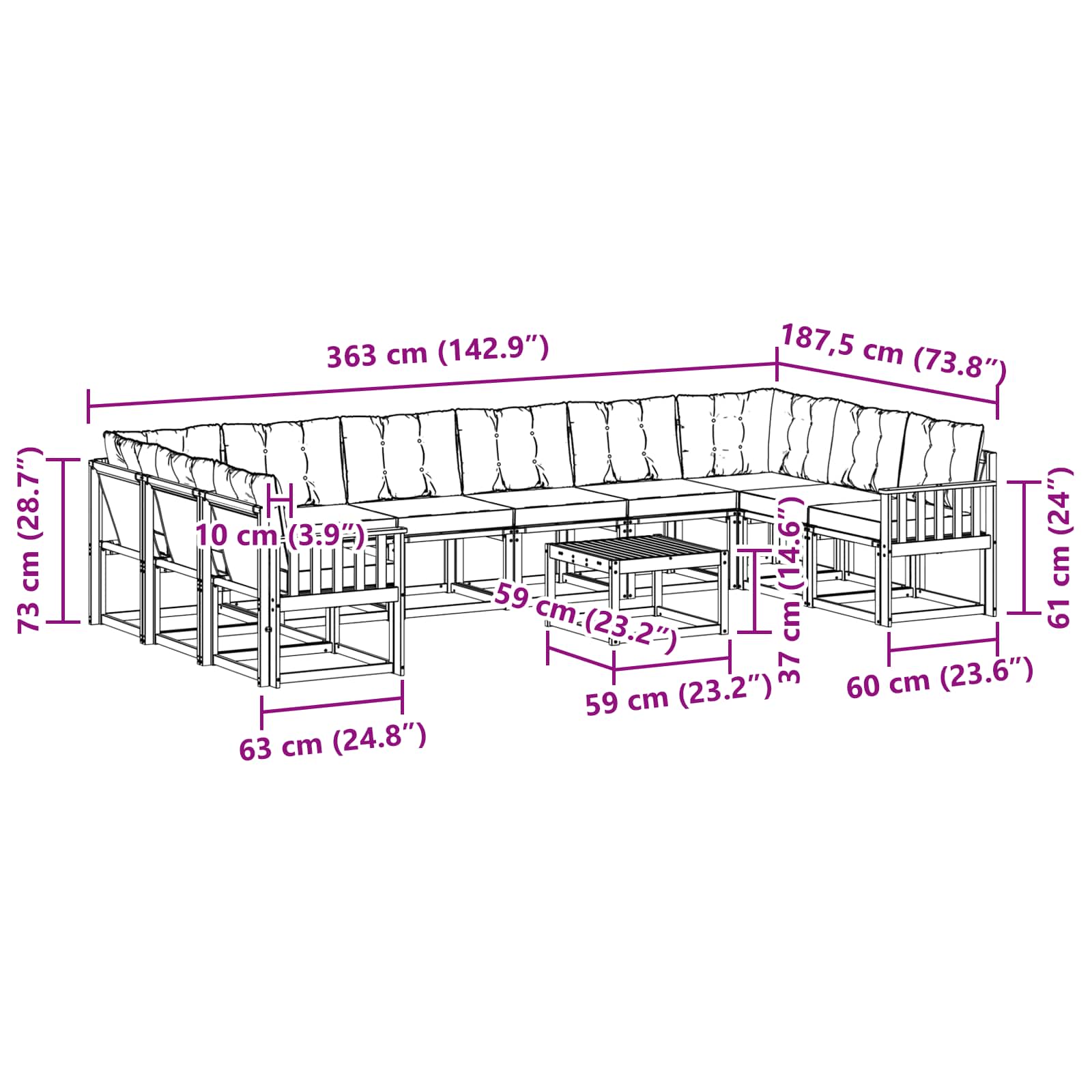 Set vanjskih sofa s jastukom 11 pcs Prirodna i crna