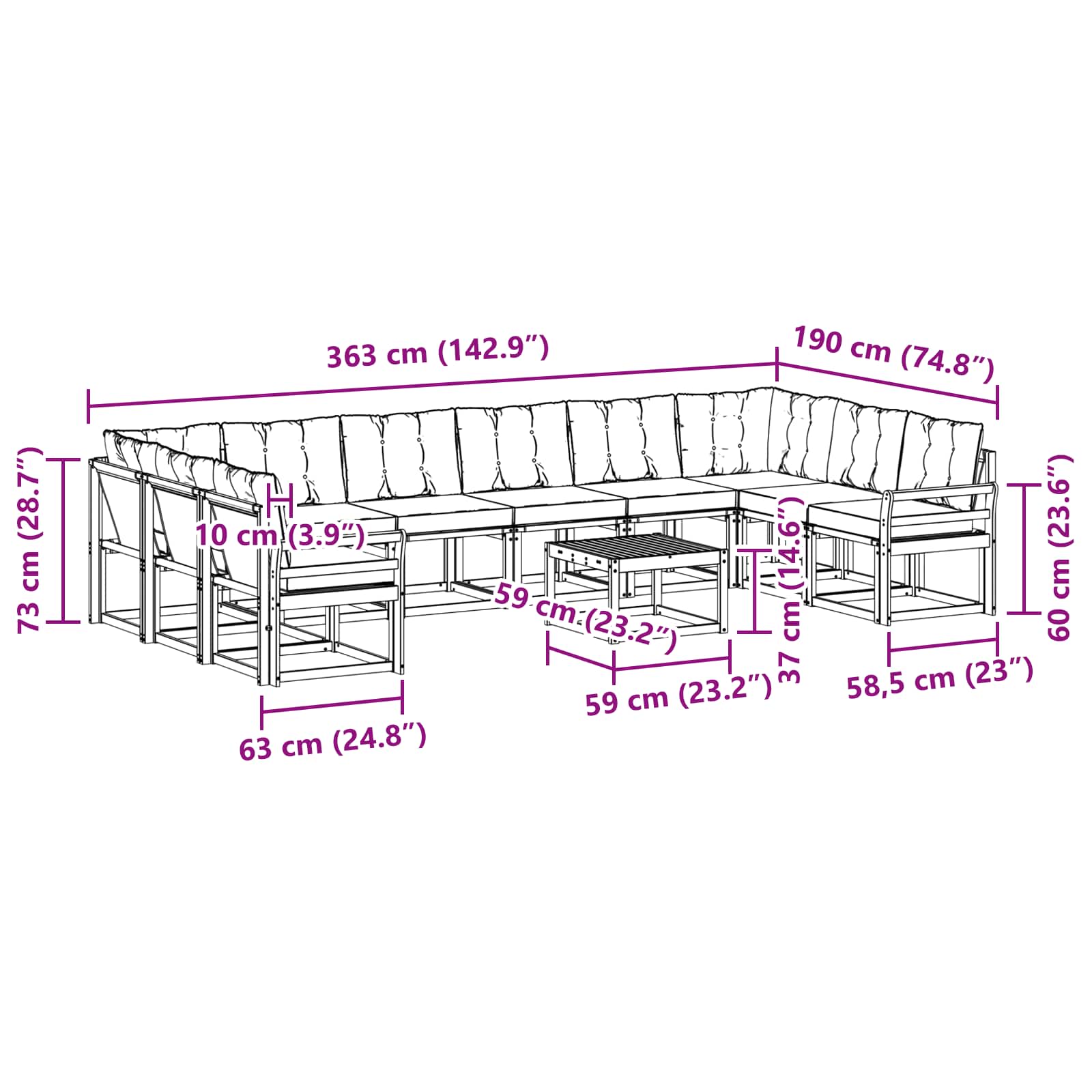 Set vanjskih sofa s jastukom 11 pcs Prirodna i crna