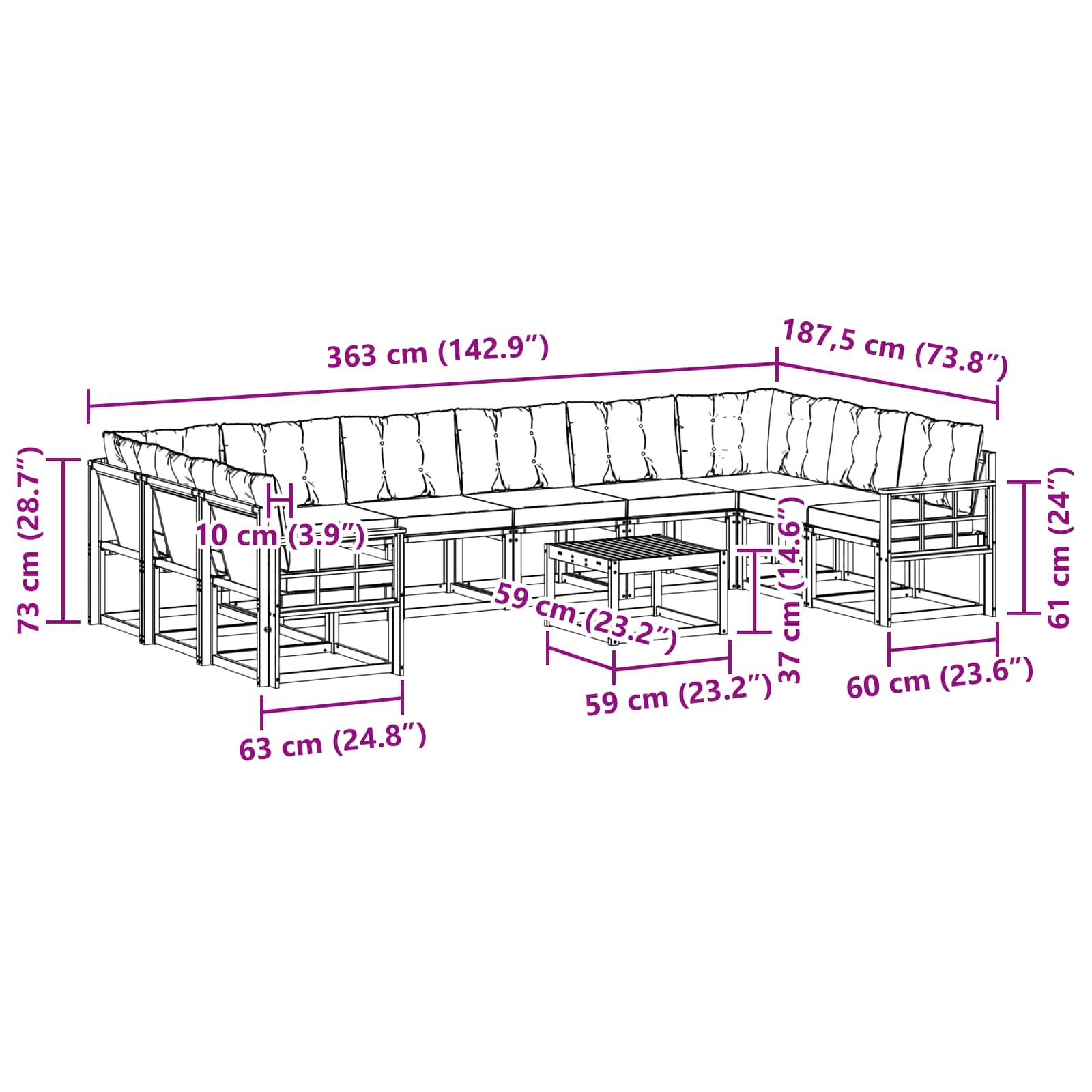Set vanjskih sofa s jastukom 11 pcs Prirodna i crna