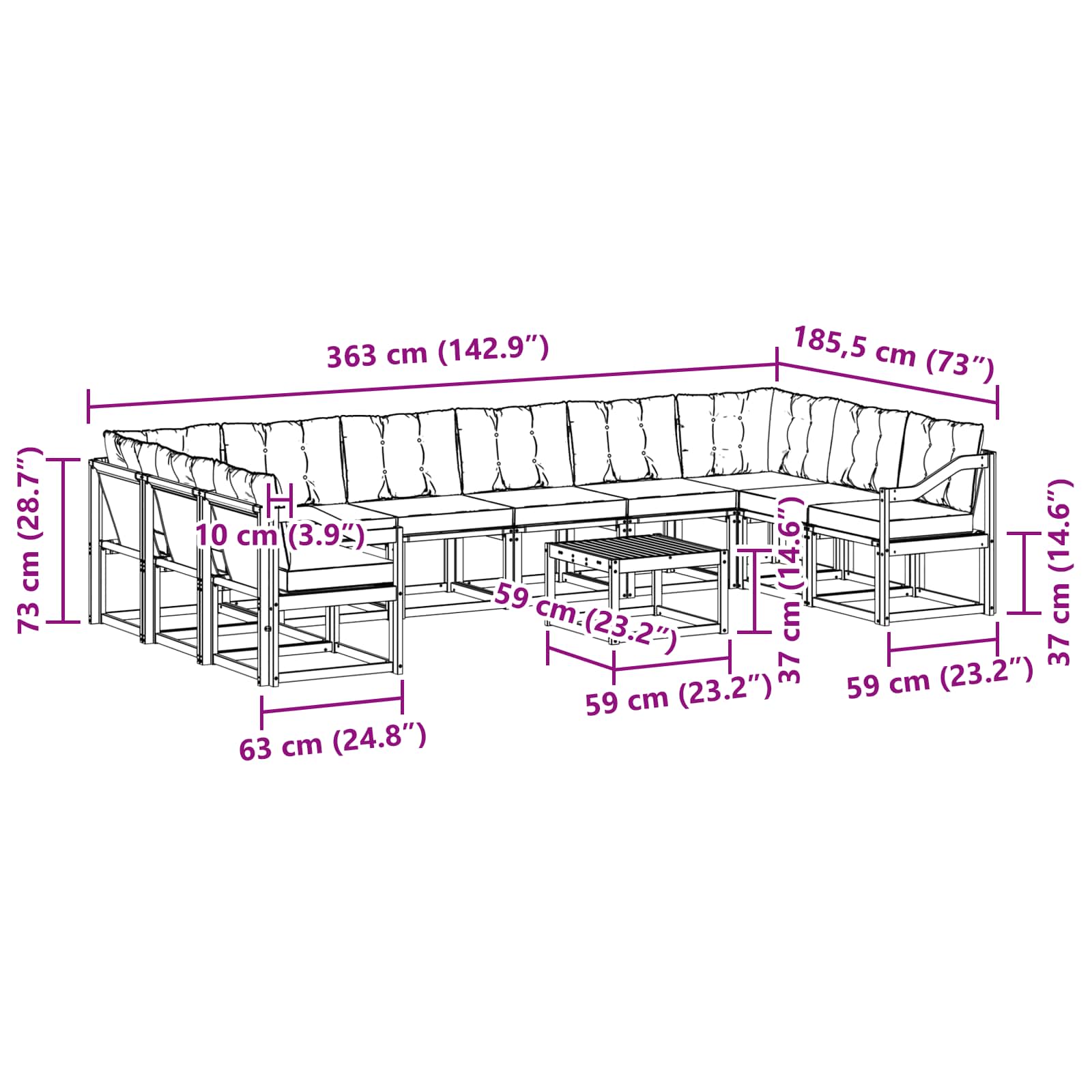 Set vanjskih sofa s jastukom 11 pcs Prirodna i crna