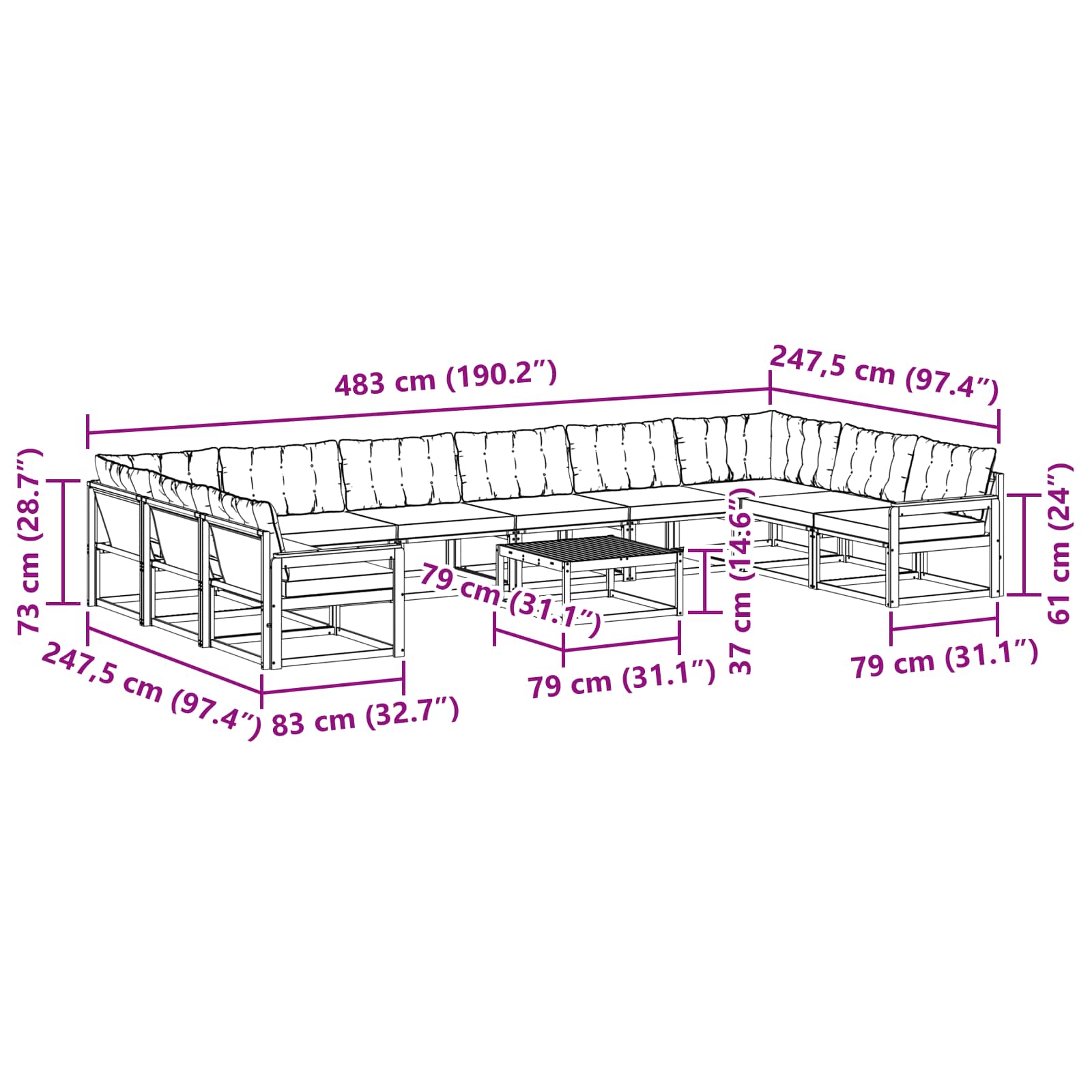 Set vanjskih sofa s jastukom 11 pcs Prirodna i crna