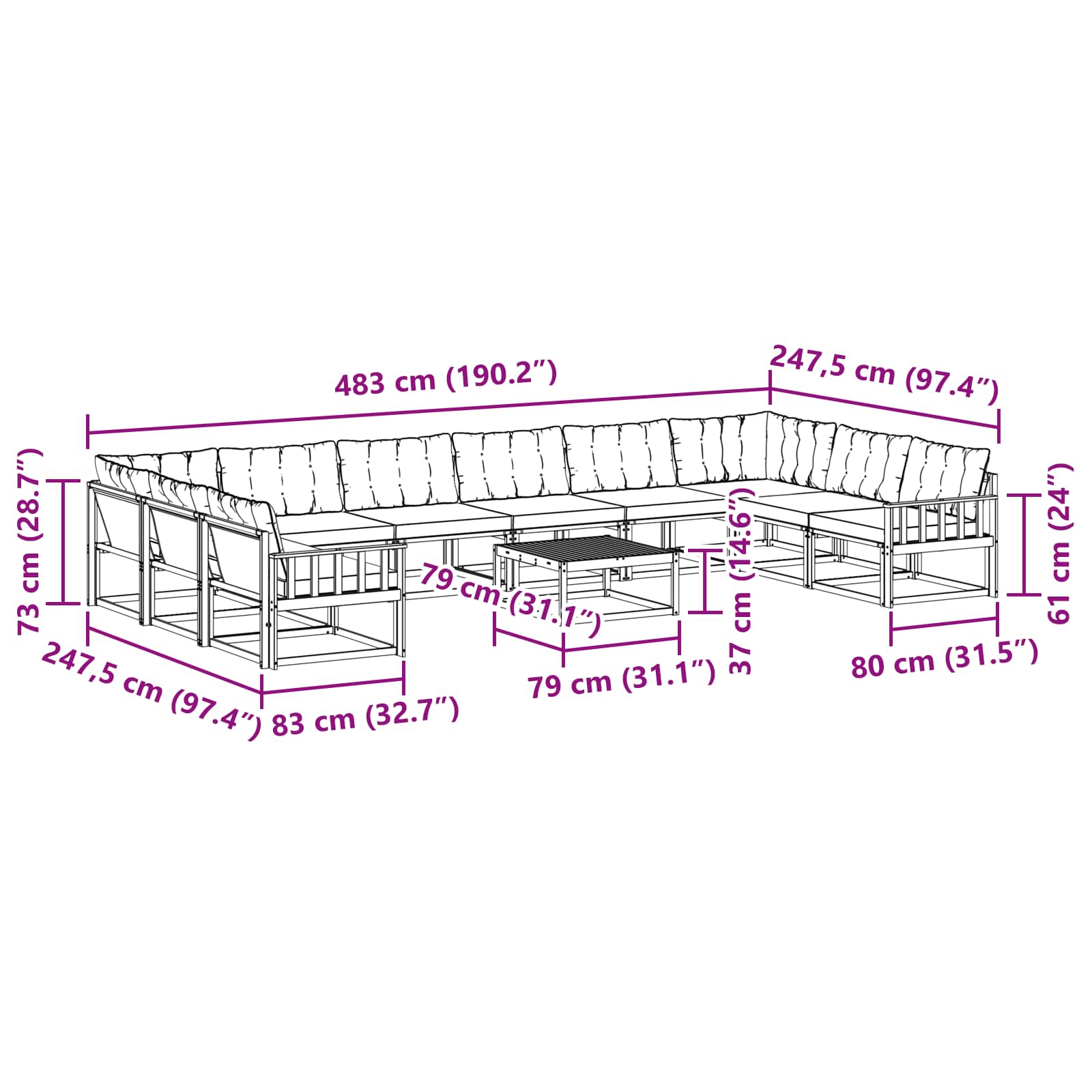 Set vanjskih sofa s jastukom 11 pcs Prirodna i crna