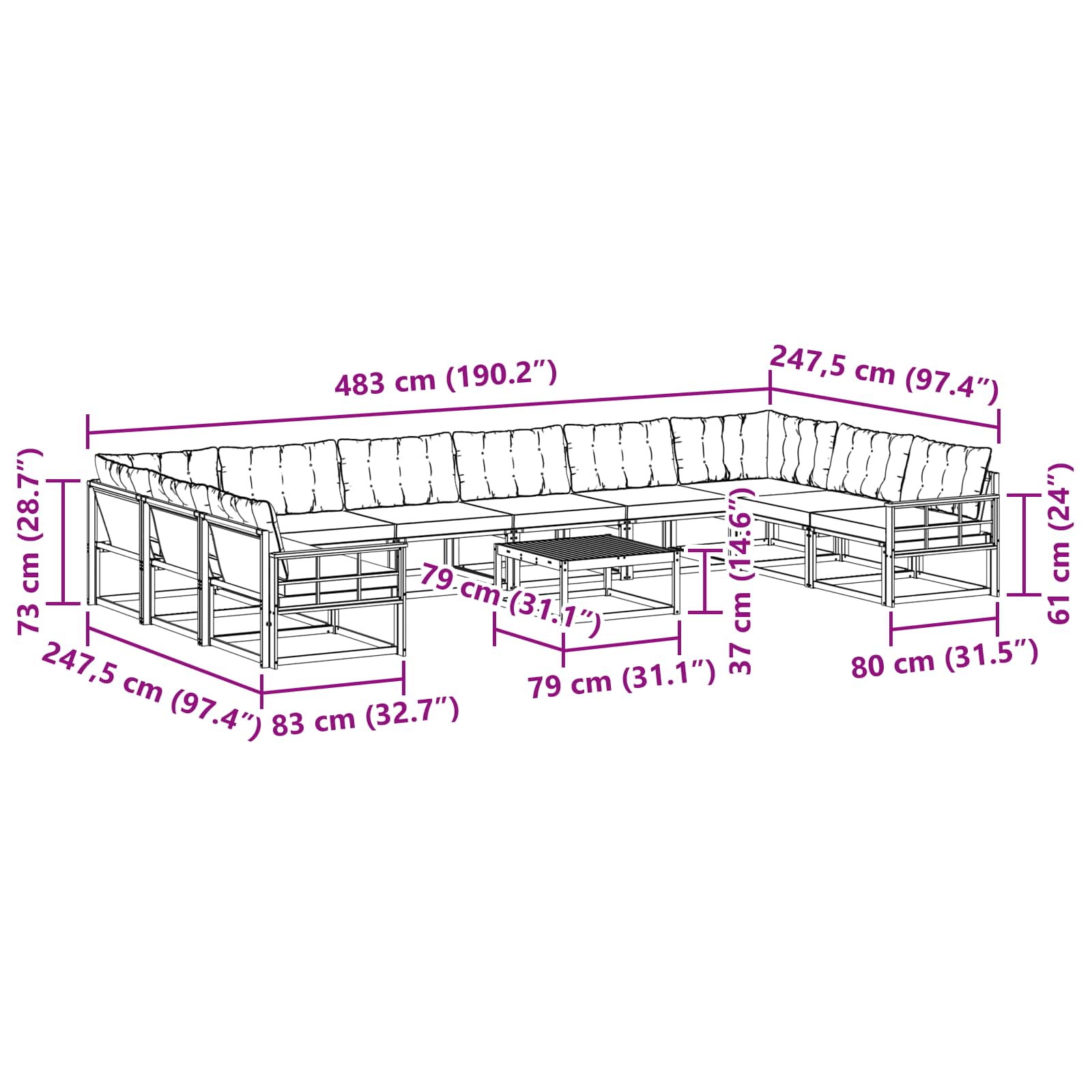 Set vanjskih sofa s jastukom 11 pcs Prirodna i crna