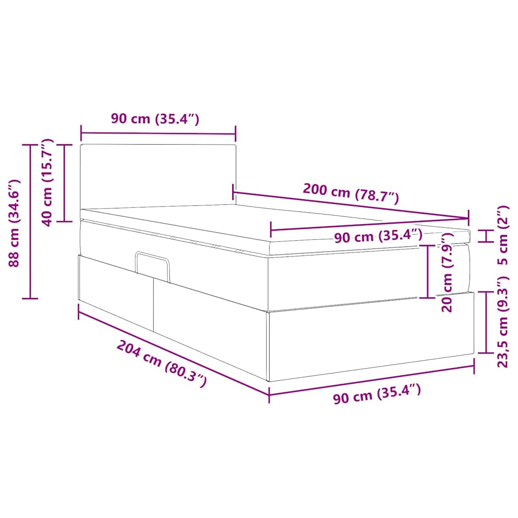 Krevet s od storage s madracem Crna 90 x 200 cm Baršun