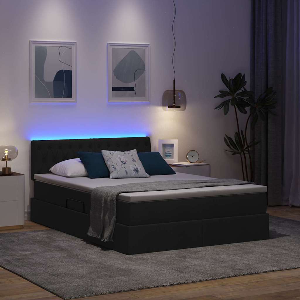 LED krevet za pohranu s madracem Crna 140 x 190 cm Tkanina
