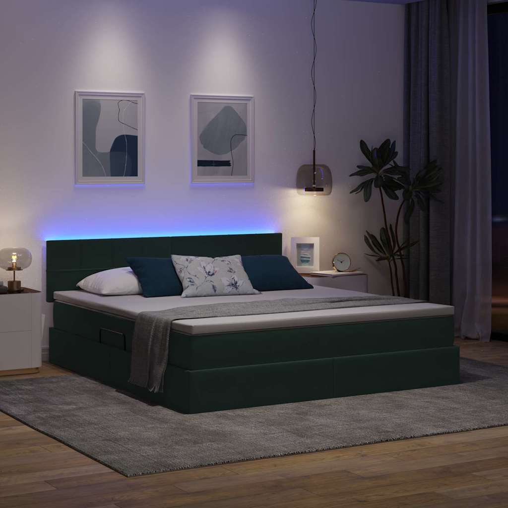 LED krevet za pohranu s madracem Tamnozelena 160 x 200 cm