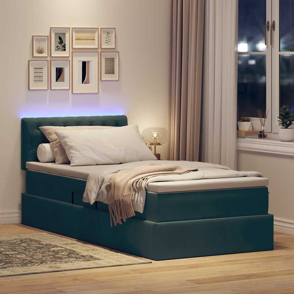 LED krevet za pohranu s madracem Tamnozelena 90 x 190 cm Baršun