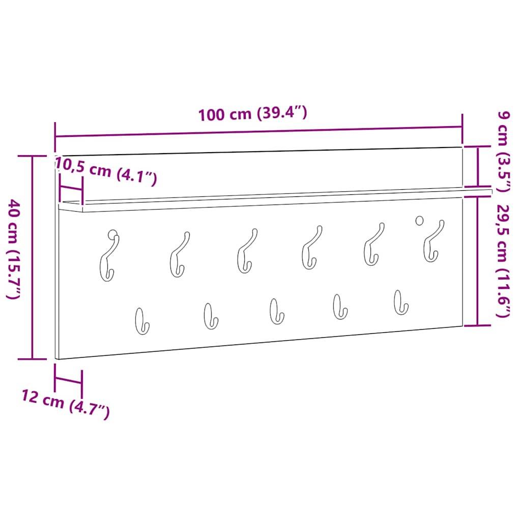 Vješalica za kapute na zidu Zidne Siva Sonoma 100 x 40 x 12 cm
