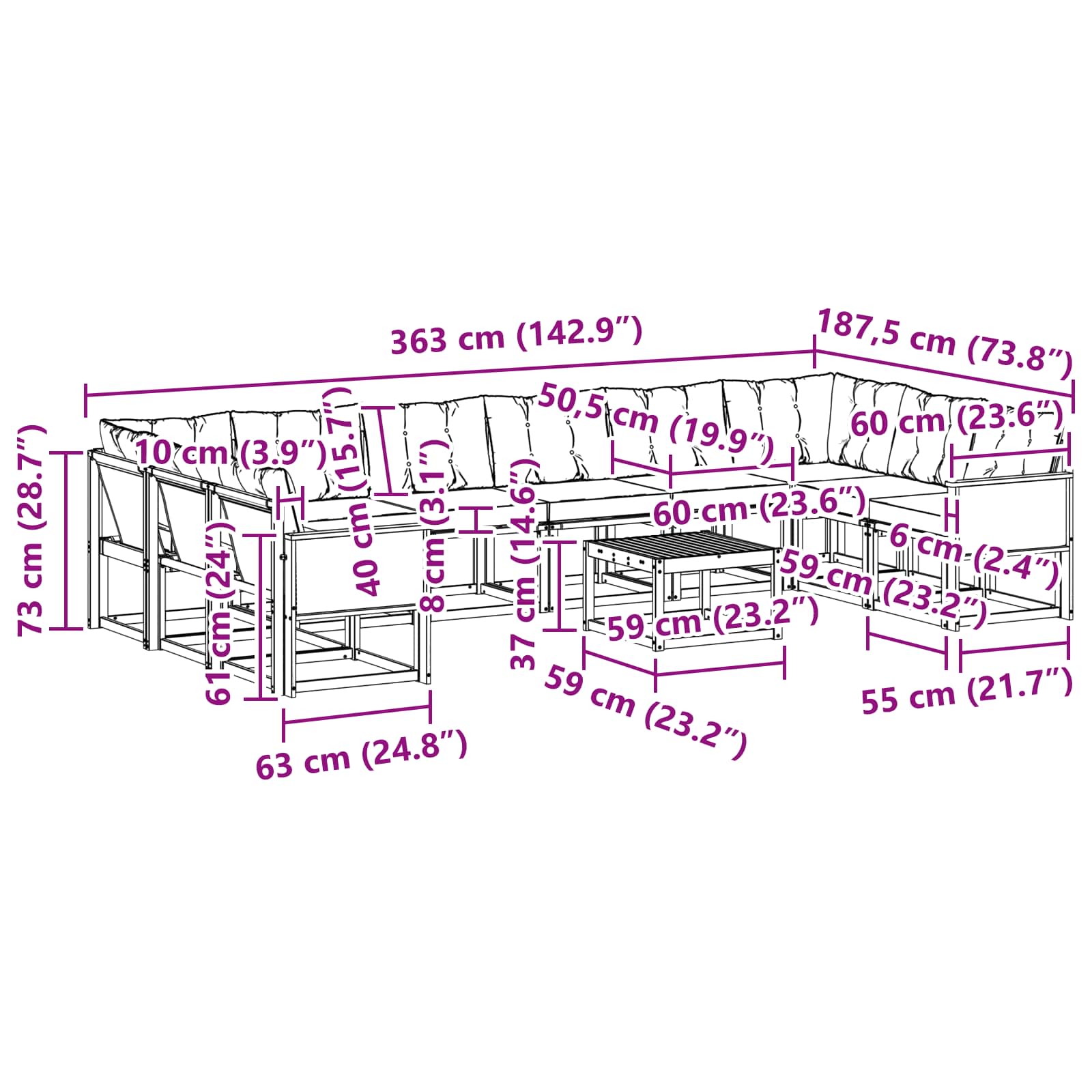 Set vanjskih sofa s jastukom 11 pcs Prirodna i crna